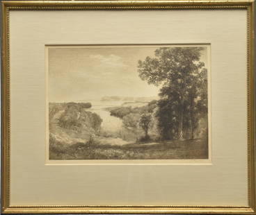 John Henry Hill (1839 - 1922), View of the Hudson River.: Steel engraving. 10 1/4 x 13 3/4 in. A steel engraving made after the artist&#8217;s father John William Hill&#8217;s watercolor Croton on Hudson, also on offer in this auction, the piece depicts the