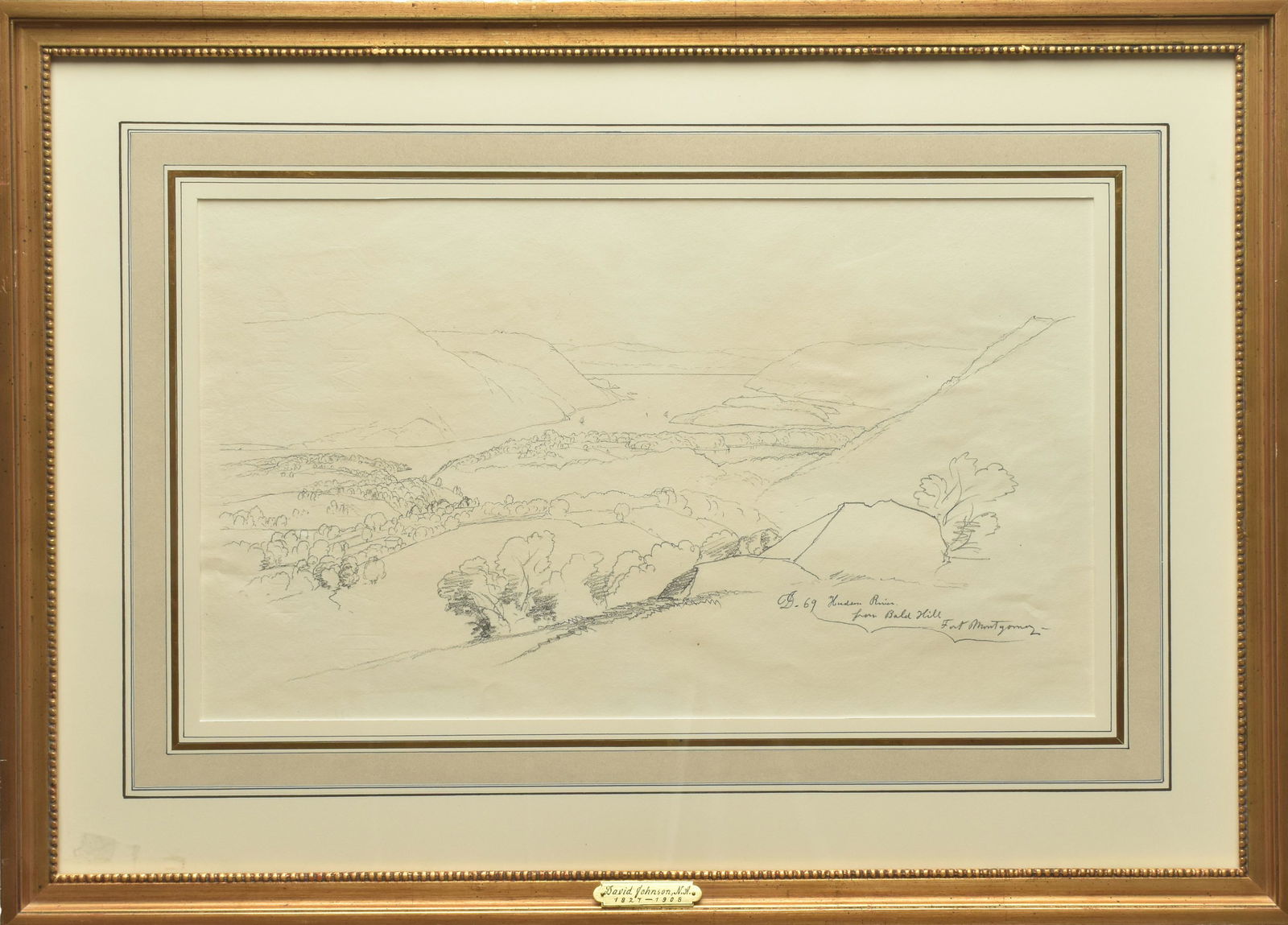 David Johnson (1827 - 1908), View of Fort Montgomery from Bald Hill.: Pencil on paper. 10 x 17 1/2 in. David Johnson’s understated yet wonderful drawing of a hilly landscape in fact depicts the site of an important battle in the history of the Revolutionary War in