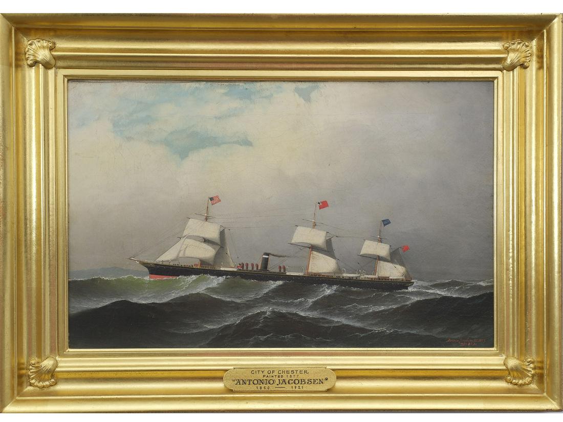 Antonio Jacobsen (1850-1921), oil on canvas laid on board.: Titled "City of Chester". Signed lower right, and dated 1877. Image measures 13.5" x 21.25".