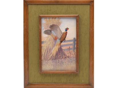 Lynn Bogue Hunt (1878-1960), oil on heavy cardstock.: Depicts a single flushing pheasant. Signed lower right. Measures 8" x 5". Provenance: Ex Robert Peterson collection, Beverly Hills, California.