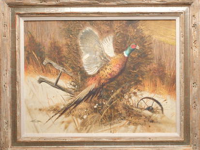 Robert Abbett (1926-2015), oil on board.: Depicts a flushing pheasant. Thick impasto texturing in trees and grasses. Signed lower left. Measures 17.5" x 23.5". PROVENANCE: Ex Robert Peterson collection. Paderewski Fine Art.