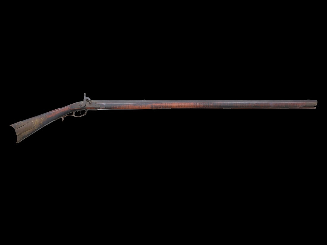 HENRY ALBRIGHT LONG RIFLE, LANCASTER, LANCASTER COUNTY,, PENNSYLVANIA: Restocked. Brl is signed H. Albright. 56” O.A., 41” wrought iron octagonal brl, .45 cal. Percussion lock by Truitt Bros. Philadelphia (1860). Maple fullstock with mild stripe. No carving.