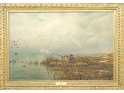 James Brade Sword (1839-1915), oil on canvas.: Titled "Duck Shooting: Chesapeake Bay". Signed lower left and dated 1883. Image measures 23.5" x 35.5". Gold gilt frame measures 30" x 42". Exhibition sticker on verso from Terra Museum of Ameri