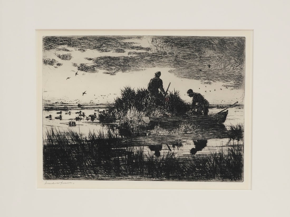 Frank Benson (1862-1951), 'Duck Blind' etching, 1925.: Paff 245, an edition of 150. Image measures 7.75" x 10.75". Signed lower left. Professionally framed and matted