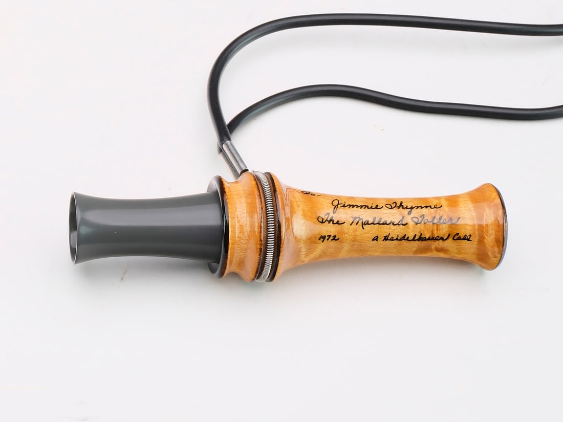 Frank A Heidelbauer (1918-2002), Sioux Falls, South Dakota.: Duck call. Personalized "Jimmy Thynne - The Mallard Toller, 1972 a Heidelbauer call". Measures 5". Provenance: Consigned by the god-son and family friend of the maker.
