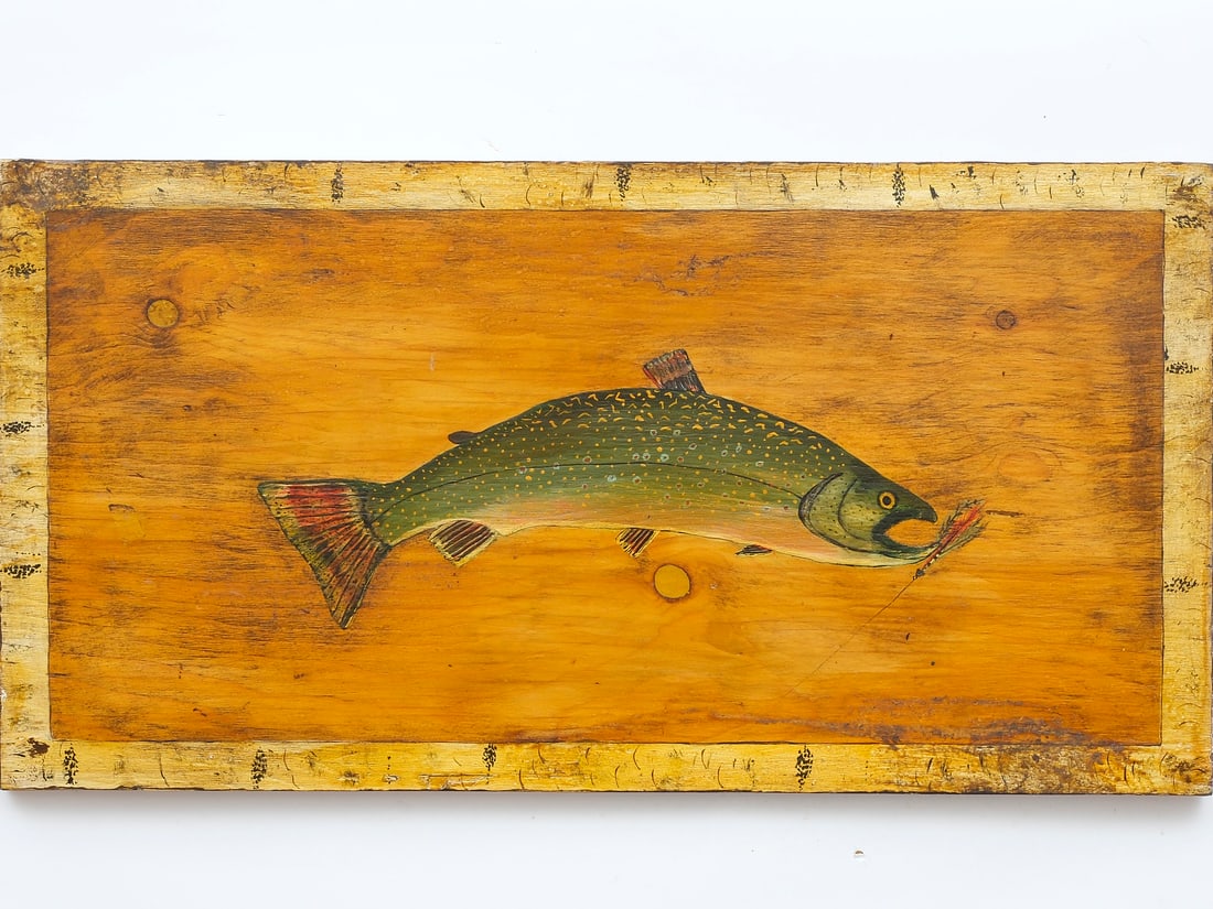 Unknown artist, Maine, circa 1960s.: Oil on early plywood that was the lid of a fishing box. Was found in Winthrop, Maine. With feux birch bark border. Measures 14.75" x 28.5".