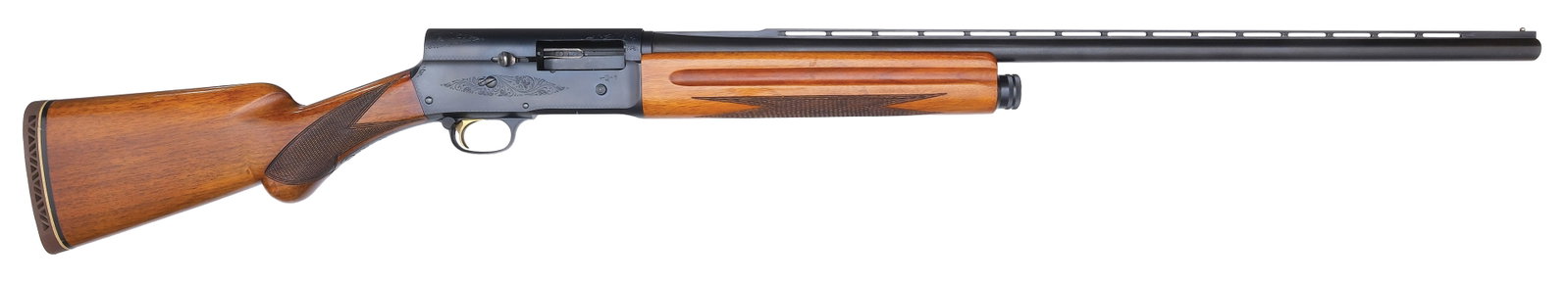 EXCELLENT BROWNING A-5 20 GAUGE.: SN. 8Z6214. Cal. 20ga. Built with 27-1/2" ventilated rib brl that has small steel front bead. Walnut forend checkered in point pattern with finger grooves on sides. Blued action is lightly 
