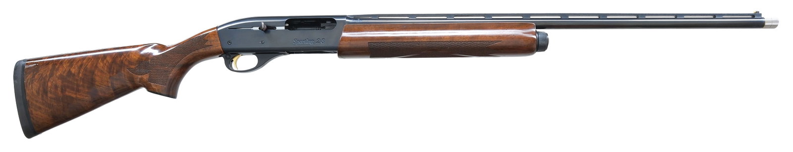 VERY CLEAN REMINGTON MODEL 1100 SPORTING 28 GAUGE SHOTGUN WITH ORIGINAL BOX.: SN. R148487J. Cal. 28ga. Made with 25" brl with Rem choke that has raised matted ventilated top rib with steel mid and white front bead. Brl fitted for Briley choke tubes with skeet choke current