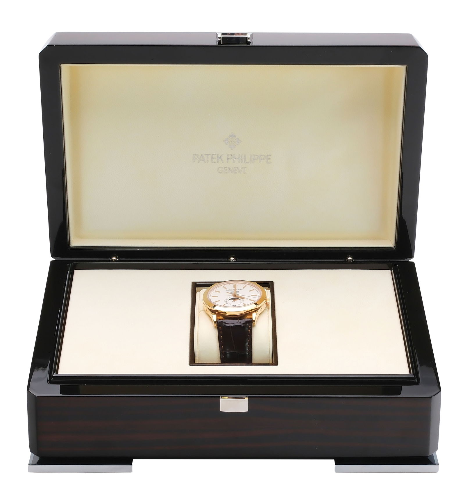 Patek Philippe Gents rose gold annual calendar wrist watch.: Maker: Patek Philippe. Type: Gents 5396-011. Movement: Self-winding with power reserve. Material: 18k rose gold. Case: Round; 38.5mm. Bezel: Polished. Dial/Features: Annual Calendar, day, date and mon