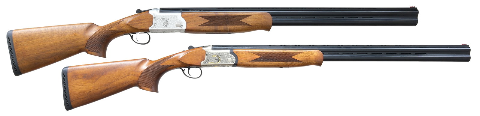 EXCELLENT BOXED PAIR OF TRISTAR TRINITY 12 GAUGE AND 16 GAUGE SHOTGUNS WITH ORIGINAL BOXES.: SN. BL12000592. Cal. 12ga. Made with 28" steel brls that have slightly raised matted ventilated top rib with fluorescent front bead. Mid rib is also ventilated. Walnut forend with small Schnabel tip, 