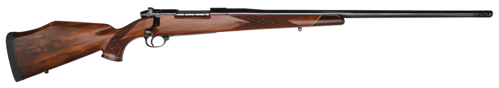 DESIRABLE WEATHERBY MARK V IN .416 WEATHERBY MAGNUM CALIBER.: SN. H217459. Cal. .416 WBY MAG. Built with 27" blued round brl (including muzzle break). Blued frame stamped "MARK V", "SOUTH GATE CALIF. MADE IN JAPAN", and maker's name. Rosewood capped foresto