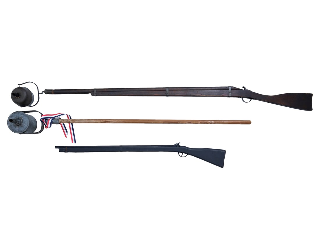 Three parade items.: Grouped with 94291 & 94292. A parade gun made form wood with lantern mounted to tip, circa 1900, measures 65". A parade lantern, measures 52". And a parade gun, measures 37", with made in USA hardware