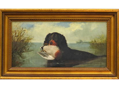 Arthur Fitzwilliam Tait (1819-1905), oil on canvas board.: Image measures 8" x 16". Retriever with mallard. Signed. "NA - A.F. Tait New York 82", and is listed in his catalogue raisonne. Additional signature on back wood panel. Provenance: Alan and Elain