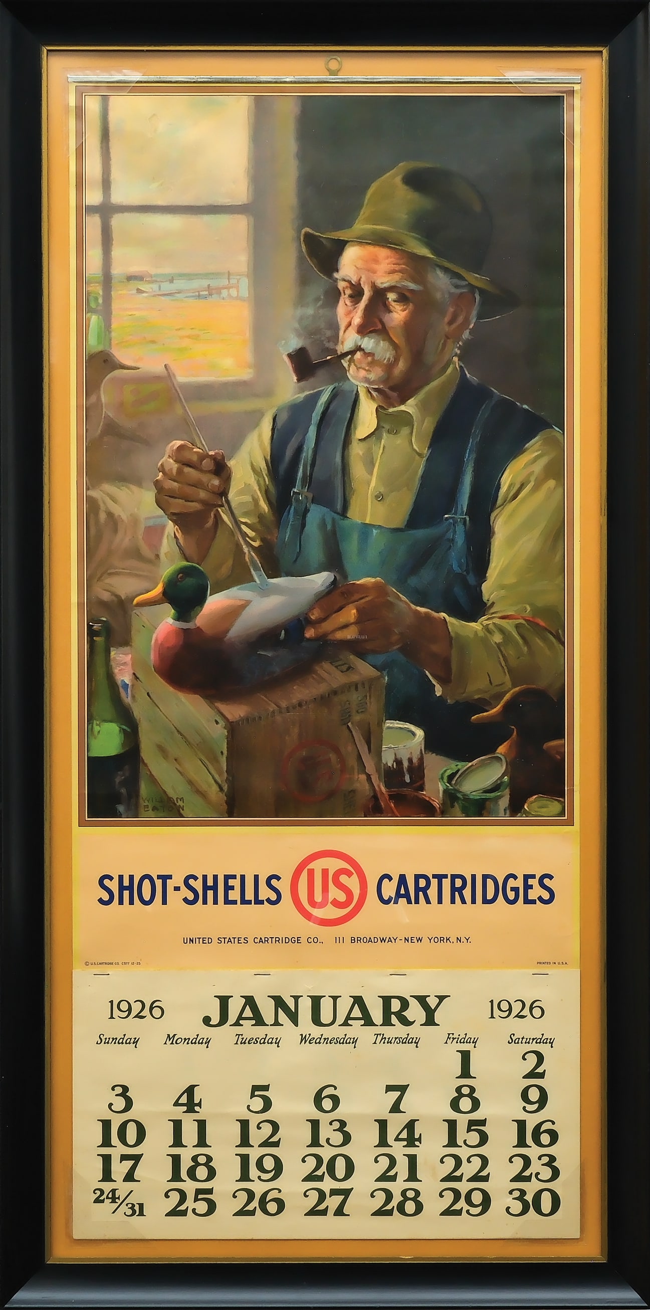 1926, US Cartridge Company, advertising calendar.: With image by William Eaton of a decoy maker at work. Retains a full pad of all calendar sheets and top metal band. Image measures 34.5" x 15".