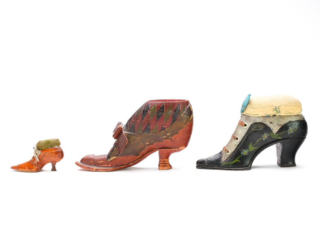 Three carved wooden shoes form pin cushions, last quarter 19th century. (1 of 2)