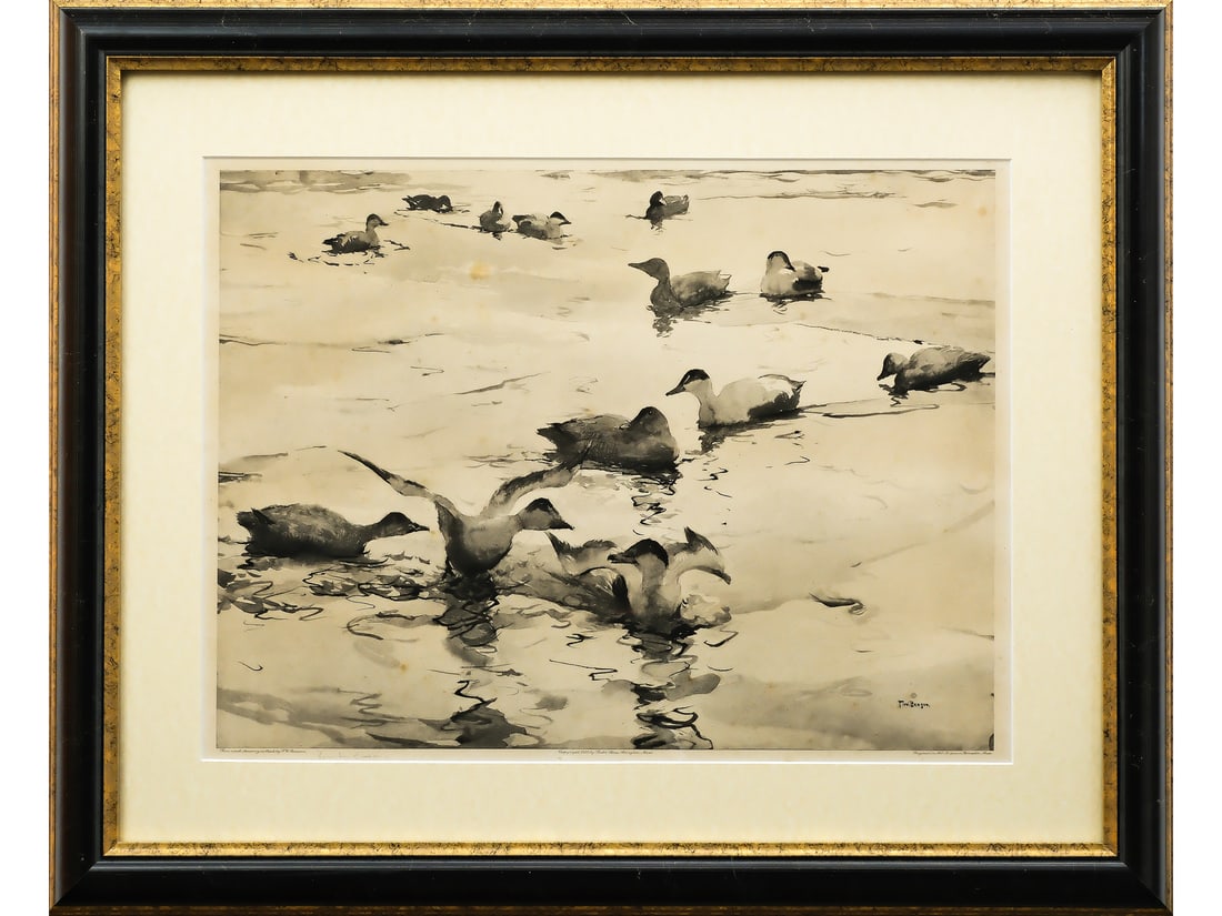 Frank Benson (1862-1951), print of an ink wash.: Titled "Eider Ducks in Winter". Published by Foster Brothers, Boston Massachusetts. 1925. Signed by the artist lower left. Site size 15" x 20.25".