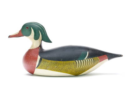 Joseph Lincoln (1859-1938), Accord, Massachusetts.: Exceedingly rare wood duck drake with extended crest. Decoy was never rigged or weighted, and is painted identical to the maker&#8217;s miniature wood ducks. One of three full-size wood ducks by Linco