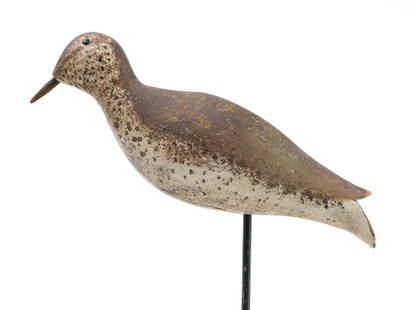 Mason Decoy Factory (1889-1924), Detroit, Michigan.: Golden plover in winter plumage. Early glass eye model with split tail carving and wooden bill. Small &#8220;JF&#8221; stamped near stick hole for the collection of Joe French. Measures 10&#8221; long