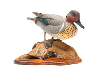 Oliver Lawson (b.1938), Crisfield, Maryland.: Decorative greenwing teal with raised, extended wingtips and detailed feather carving. Signed and dated 1976 on driftwood base. Measures 10.5" long.