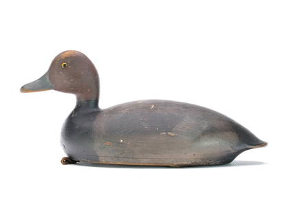 Don Reid (1862-1920), Hamilton, Ontario.: Hollow carved redhead with .25" bottom board. Branded "D.R." twice on underside. Measures 14" long. Provenance: Chris Pitman collection.