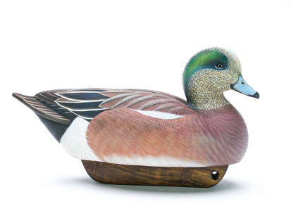 Jon Jones (b.1955), Algonac, Michigan.: Widgeon drake with slightly turned head. Signed by maker on underside and dated 2023. Comb painting&#160;on back.&#160; Measures 14" long.