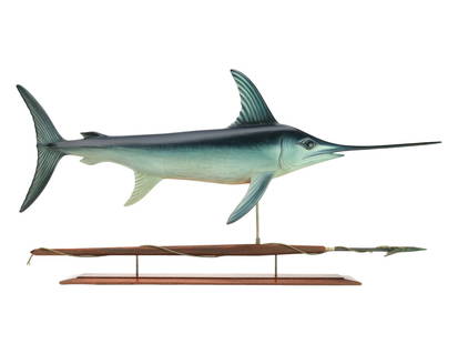 Josh Brewer, Little Deer Isle, Maine.: Outstanding hollow carved swordfish with relief gill and eye carving. Applied Mahogany fins, silicon bronze hardware, and excellent paint detail. "Brewer" carved in underside of fish. Signed and dated