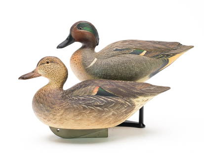 Roger Barton, San Francisco, California.: Pair of greenwing teal with slightly turned heads and relief wing and tail feather carving. Both are signed and dated 1971. Drake with writing on underside indicating it was used on Suisun Marsh, San