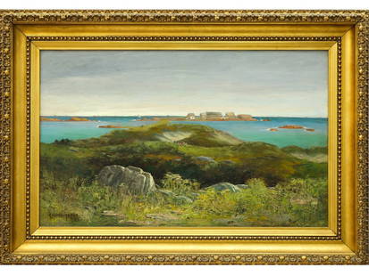 George William Whitaker (1840-1916),  oil on board.: Depicting the West Island Club off Sakonnet Point, in Little Compton, Rhode Island. Depicts many sailing and steam ships on the far horizon and figures picnicking and walking with parasols. Signed and