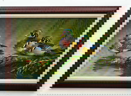 Rob Leslie (b.1947), acrylic on board.: Three woodducks. Excellent detail. Signed lower right. Image measures 16.75" x 27".