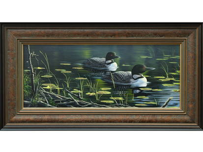 William Goebel (b.1960), acrylic on canvas.: Two loon. Highly detailed. Signed and dated 1997 lower left. Image measures 9.5" x 23.5".