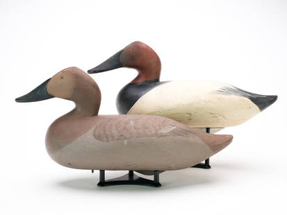 Madison Mitchell (1901-2003), Havre de Grace, Maryland.: Pair of canvasbacks. Both are signed and dated in electropen. Hen 1954, drake&#160;1955. Measure 16.25" long. Provenance: Purchased from the maker. Bobby Lewis collection.