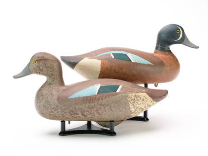 Madison Mitchell (1901-2003), Havre de Grace, Maryland.: Pair of bluewing teal. Drake with slightly turned head. Both are signed&#160;and dated 1958 in electropen. Measure 12.75" long. Provenance: Purchased from the maker. Bobby Lewis collection.