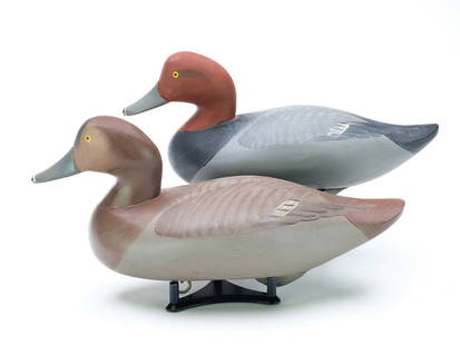 Madison Mitchell (1901-2003), Havre de Grace, Maryland.: Pair of redheads. Both are signed and dated in electropen; drake 1952, hen 1957. Measure 14.75" long. Provenance: Purchased from the maker. Bobby Lewis collection.