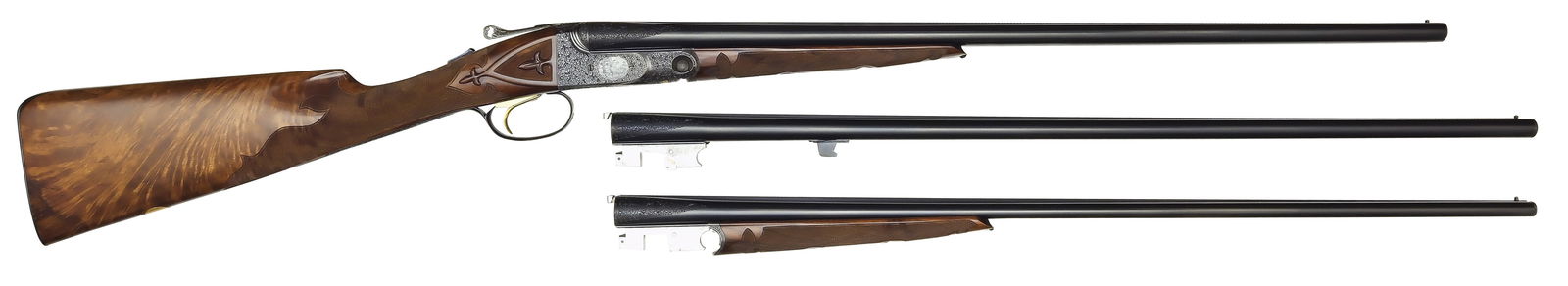MAGNIFICENT GOURNET ENGRAVED PARKER REPRODUCTIONS A1 SPECIAL SMALL GAUGE SET WITH HUEY CASE.