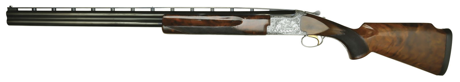 BROWNING CITORI GRADE V 12 BORE SHOTGUN.: SN. 19232PM143. Cal. 12ga. Built with 30" raised ventilated rib brls with twin white beads. Trap style forearm with finger grooves on sides is checkered in point pattern and has fully engraved latch r