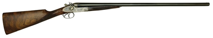 INCREDIBLE J.L. GUENAGE ENGRAVED AYA 12 BORE ANNIVERSARY MODEL HAMMER SHOTGUN WITH CASE.