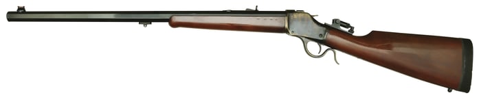 AS NEW WITH ORIGINAL BOX UBERTI MODEL 1885 HIGH WALL SPORTING RIFLE WITH ORIGINAL BOX.