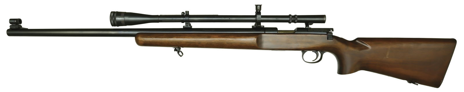 SCARCE REMINGTON RANGEMASTER MODEL 37 HEAVY BARREL TARGET RIFLE WITH SCOPE.: SN. 03276. Cal. .22LR. Built with 28" heavy round brl that has flip up and peep front sight. Brl with usual makers stamps. Mounted with a Lyman target spot adjustable scope. Walnut stock with sling mo