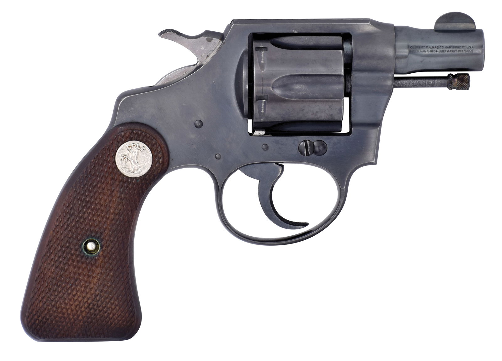 COLT BANKERS SPECIAL REVOLVER.: SN. 398471. Cal. .38 Special. Made in 1941 with 2" round brl. Six shot cylinder. Checkered walnut grips with Colt medallions. 