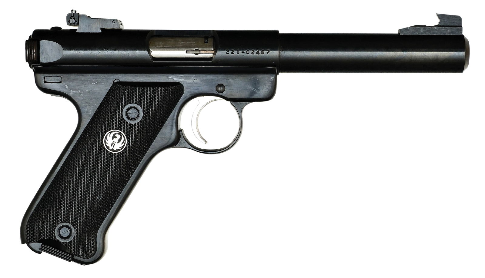 AS NEW RUGER MARK II TARGET PISTOL WITH CASE.: SN. 221-02457. Cal. .22LR. Built with 5-1/2" blued brl. Checkered ebony grips. Housed in its original maker's case with extra magazine and paperwork. 