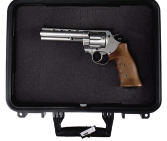 SUPER COOL NIGHTHAWK CUSTOM KORTH SILVER MONGOOSE REVOLVER WITH CASE.