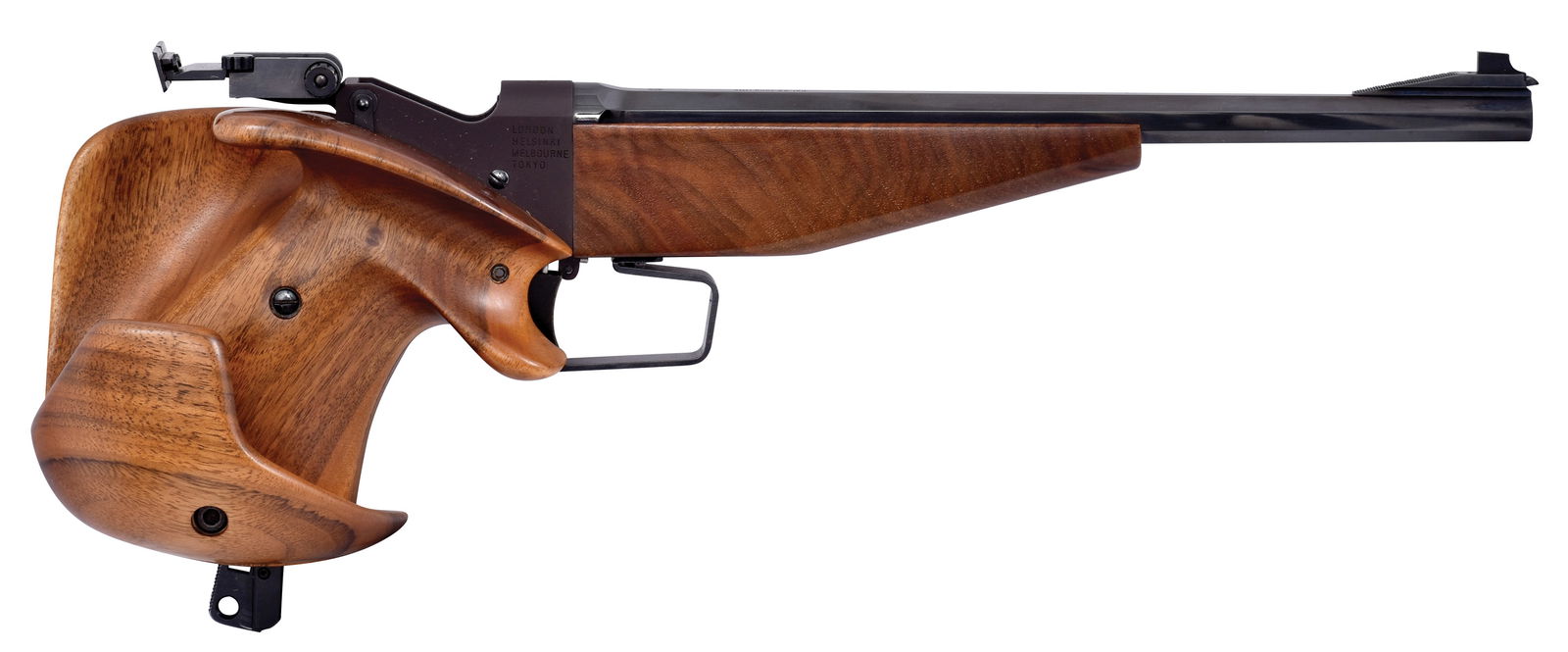 AS NEW HAMMERLI MODEL 104 TARGET PISTOL WITH ORIGINAL BOX.: SN. 32647. Cal. .22LR. Built with 11-1/4" octagon brl. Walnut grips. 