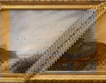 Early duck hunting scene, oil on canvas.