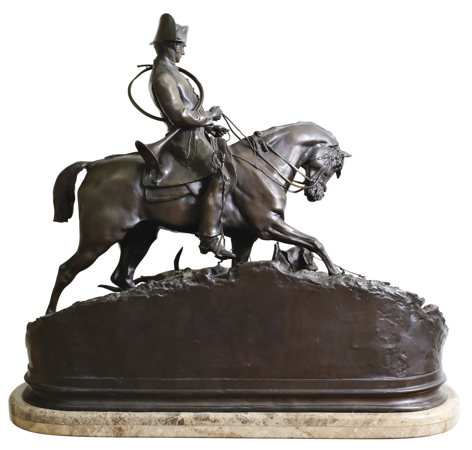 Pierre Jules (P.J.) Mene (1810 - 1879), bronze.: Bronze mounted on marble plinth. Measures 28" tall x 30" wide x 15" deep. 
