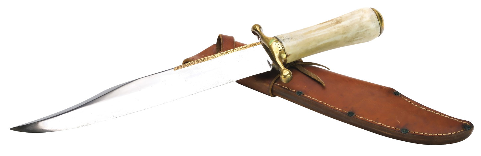 Ruana Bowie, custom made knife, Model 38C.: Blade length 12", overall length 18.25". Has sheath. Antler and metallic handle. Sharpened top edge. With hammered brass parry guard. 