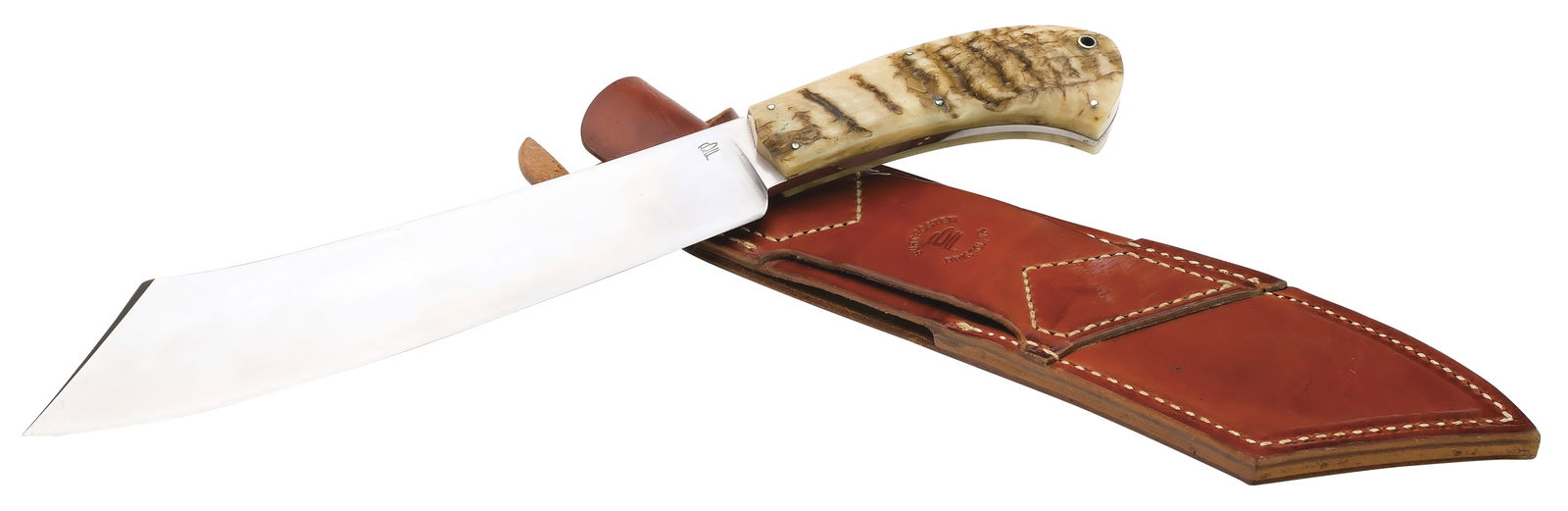 Burt Foster, custom knife.: Model 20 MS06. Blade length is 9.25", overall length is 14". Has maker's sheath. Handle appears to be made from bone. 