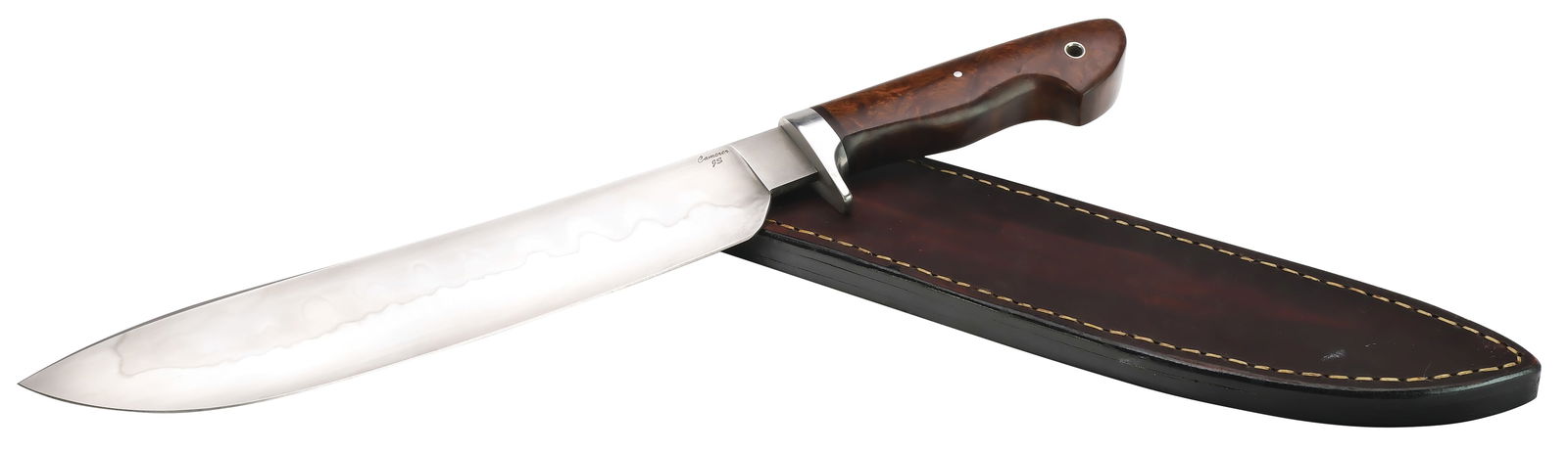 Greg Camerer, custom made bowie knife.: Blade length 11.5", total length 17". Includes leather sheath. Camerer was a "forged in fire" champion. Handle is made of burled wood.
