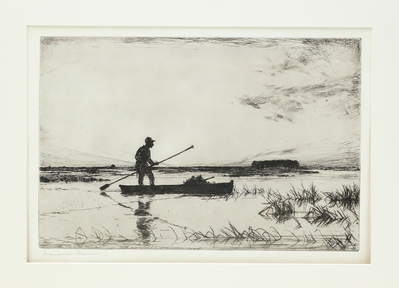 Frank Benson (1862-1951): Two unframed etchings, one titled "The Punter," accompanied by an old gallery hang tag, image measures 11.75" by 7.75" and another titled "Supper," and dated 1920, image measures 6.75" by 5"