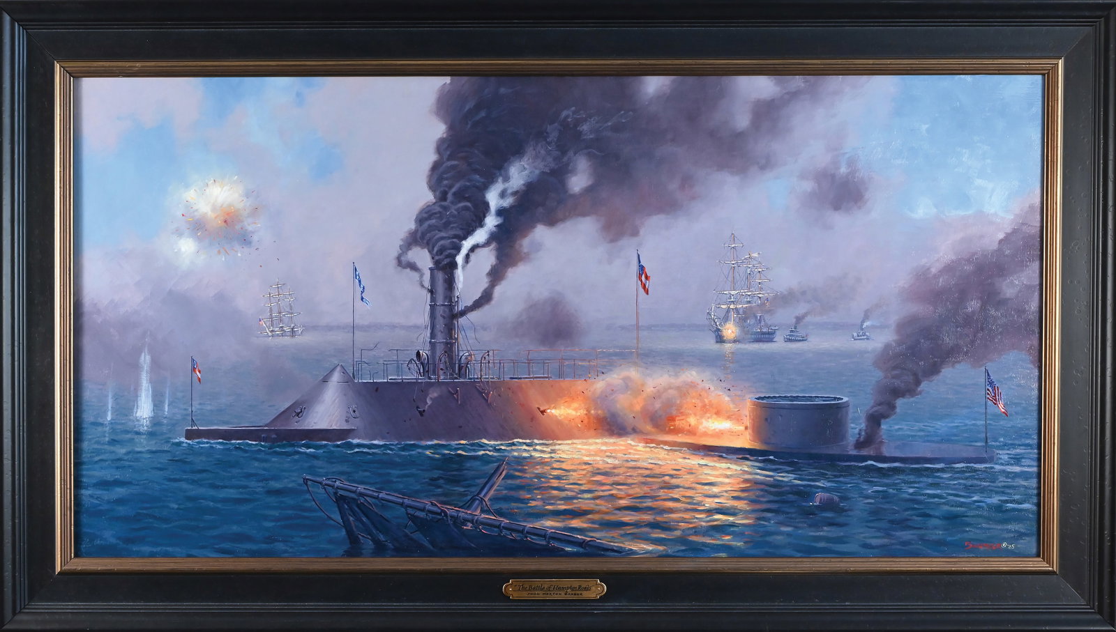 John Morton Barber, oil on linen canvas.: The Battle of Hampton Roads Oil on linen canvas 24" x 48" Overall framed - 31" x 55". Just created, mint.