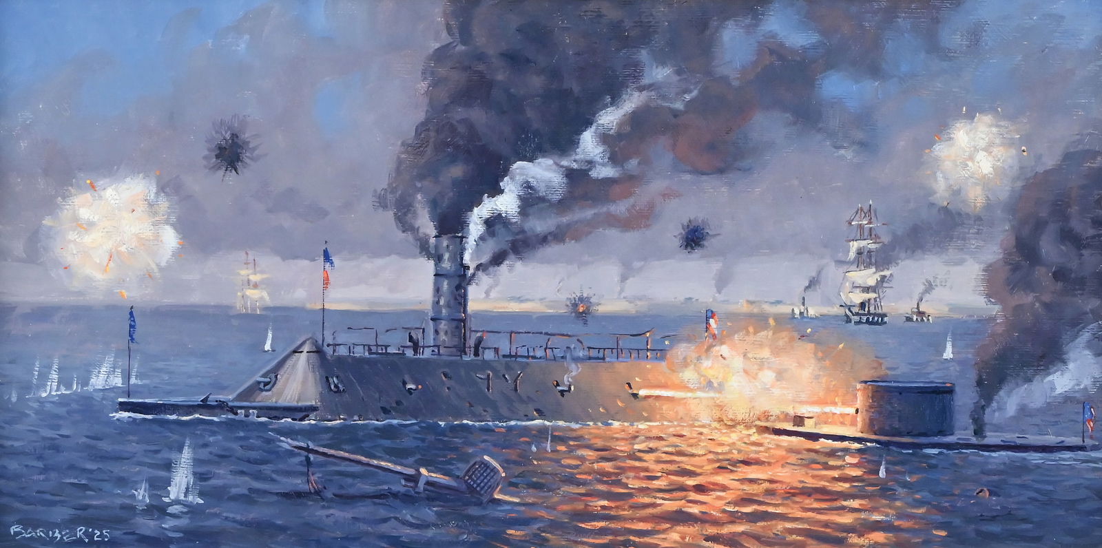 John Morton Barber, oil on linen canvas, study.: The Battle of Hampton Roads Preparatory Study, oil on linen canvas 8" x 16" Overall framed 13 1/8" x 21". Just created, mint.